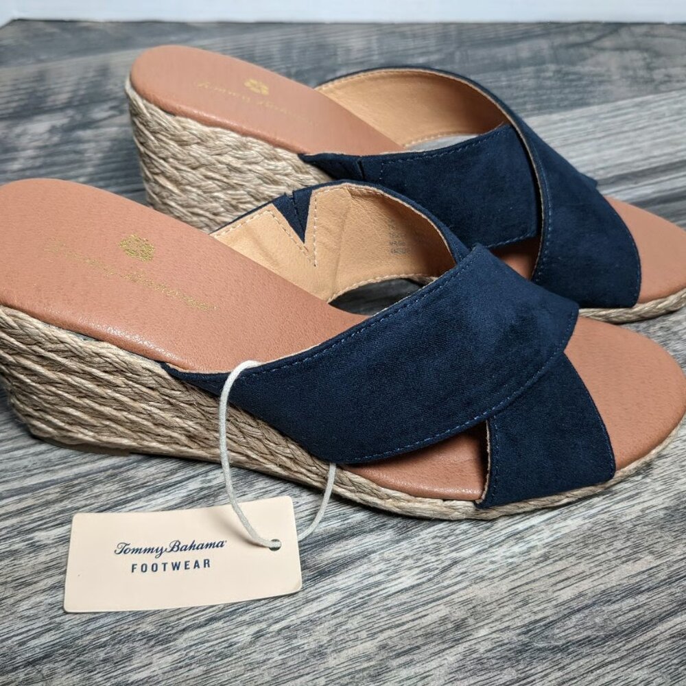 NWT - Tommy Bahama Stacey Navy Blue Wedges Slides Espadrilles 3 inch, Size 10